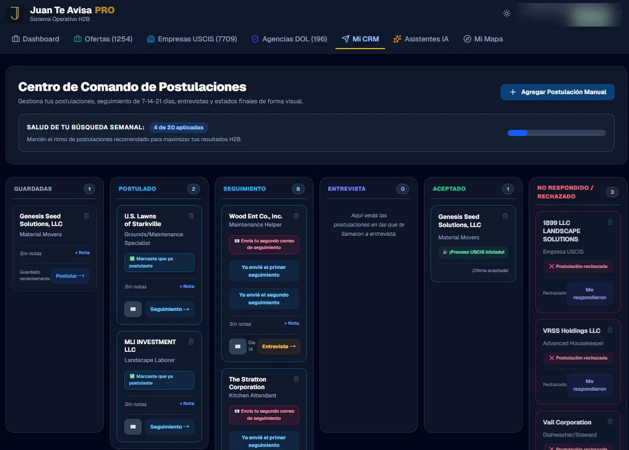 La app Juan Te Avisa PRO: tablero de postulaciones con seguimiento a los 7, 14 y 21 días