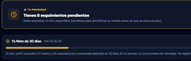 Dashboard de la app con los seguimientos pendientes y el avance del reto de 30 días