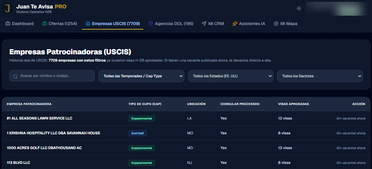 Lista de empresas patrocinadoras del H-2B Employer Data Hub de USCIS con filtros y visas aprobadas