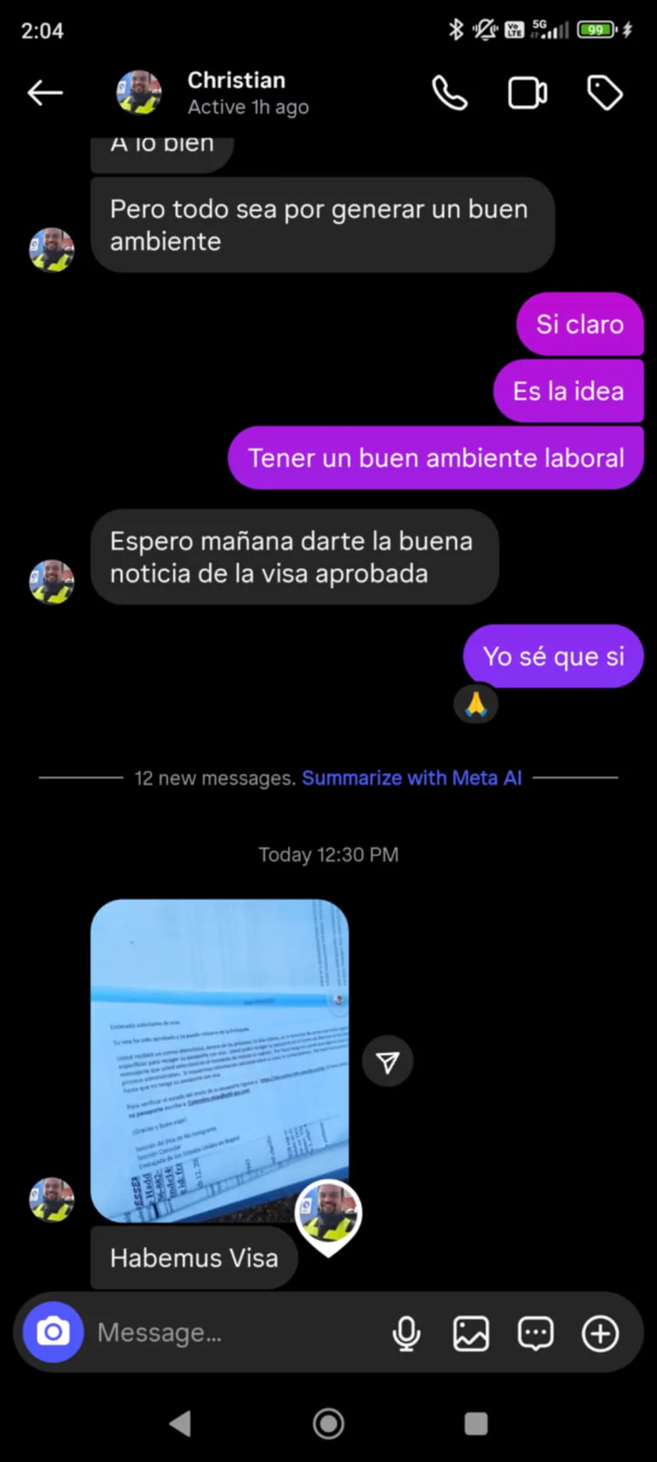 Mensaje de un alumno: visa aprobada