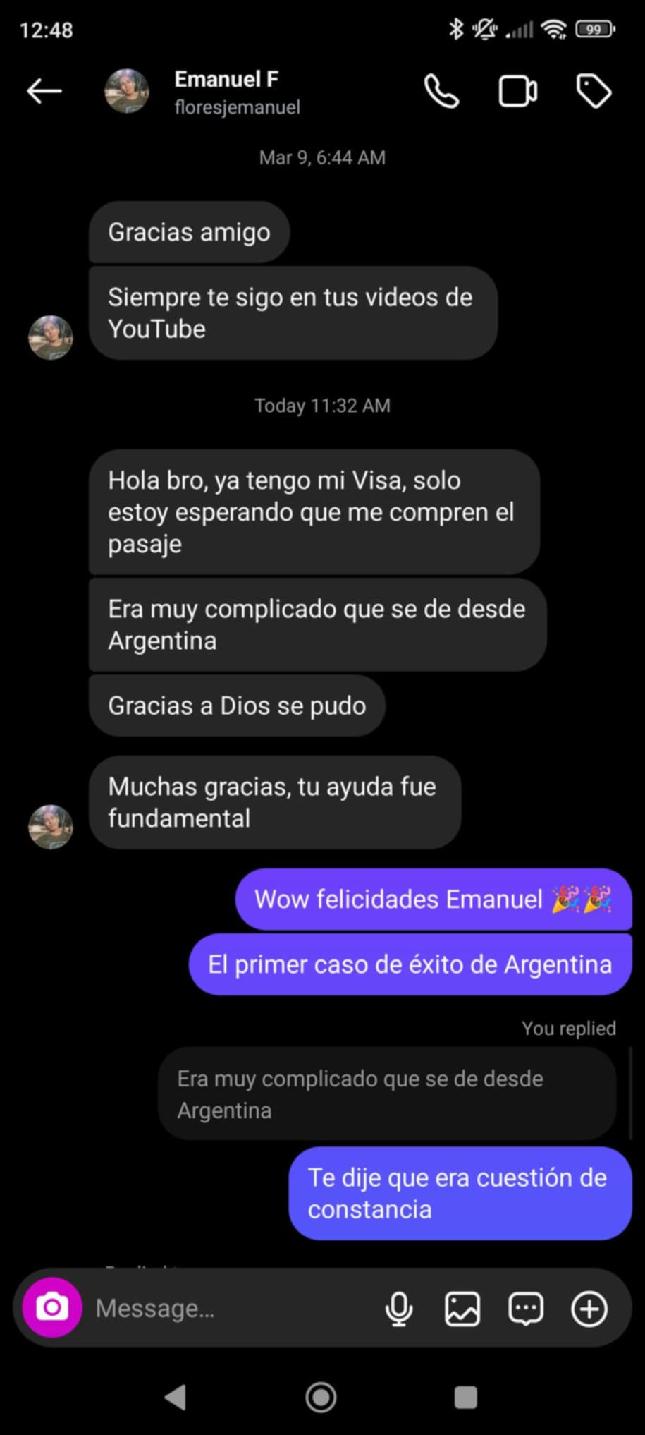 Mensaje de Emanuel: ya tiene su visa