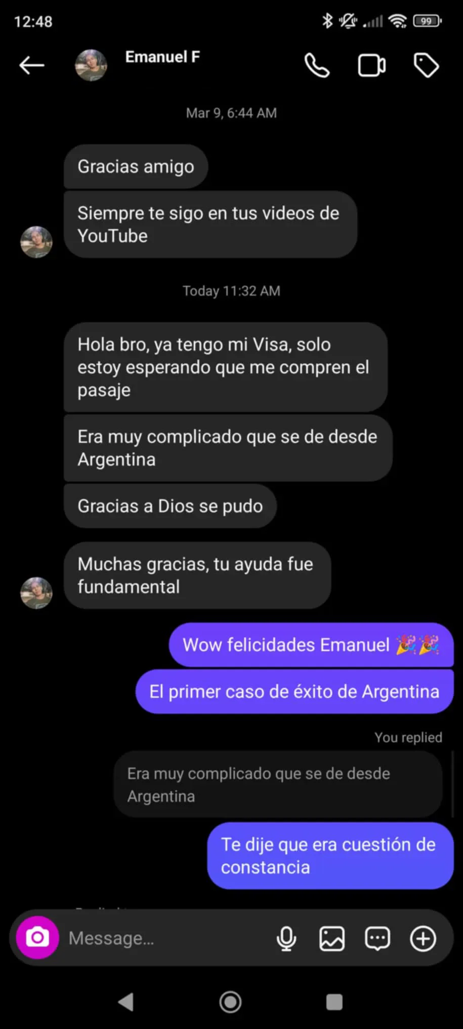 Mensaje de Emanuel: ya tiene su visa