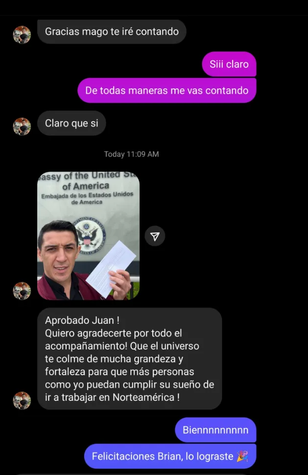Mensaje de Brian con su aprobación en la embajada